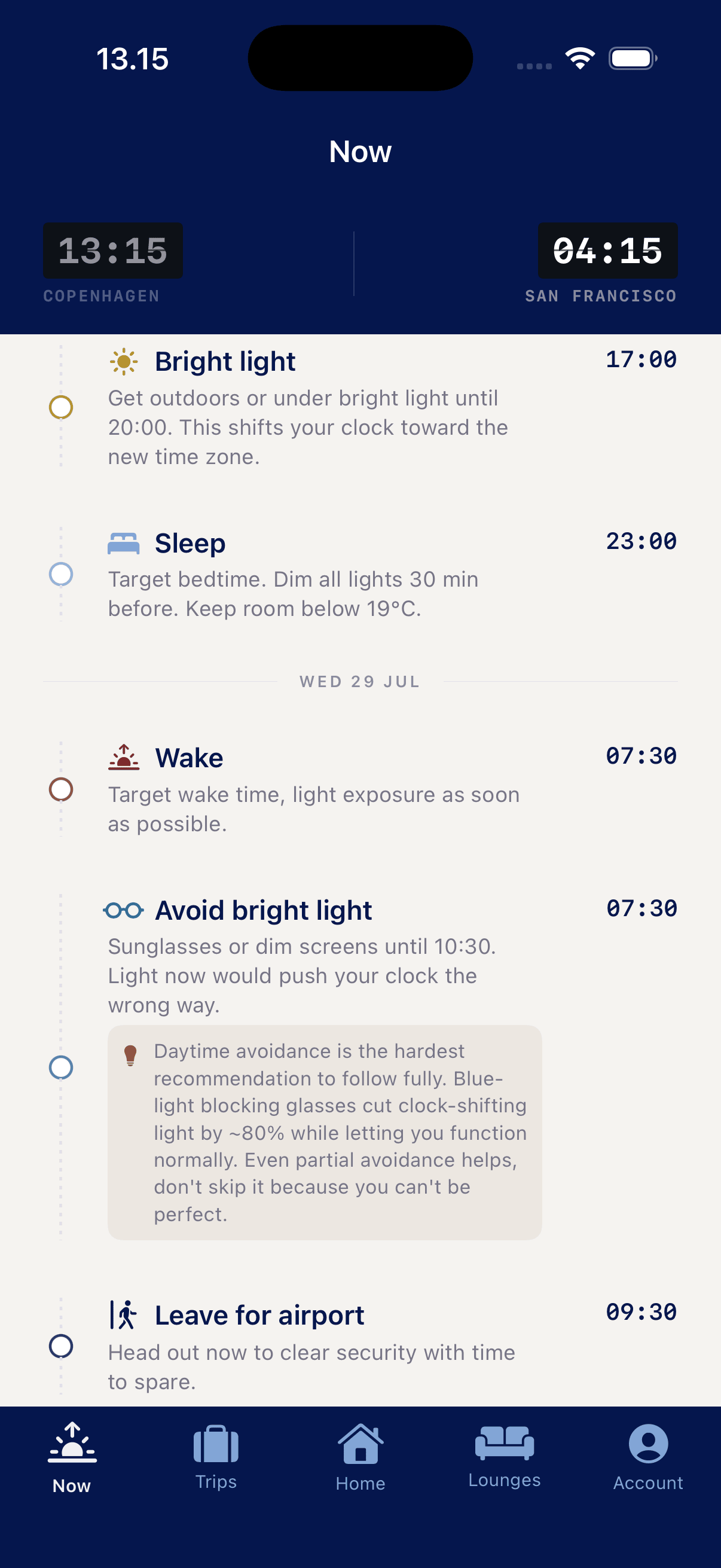 LayOvr Now screen with the day's live guidance and both time zones