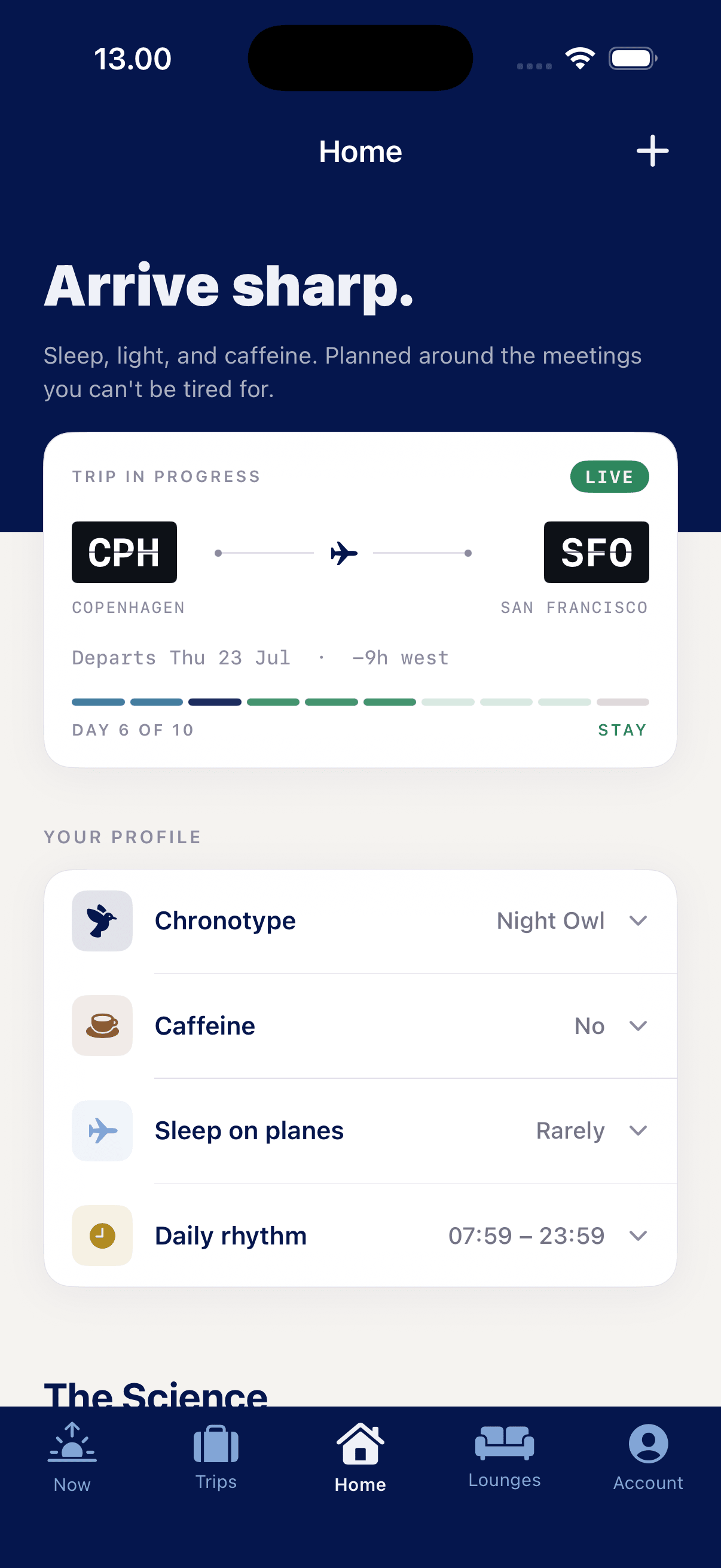 LayOvr home screen with a live trip in progress